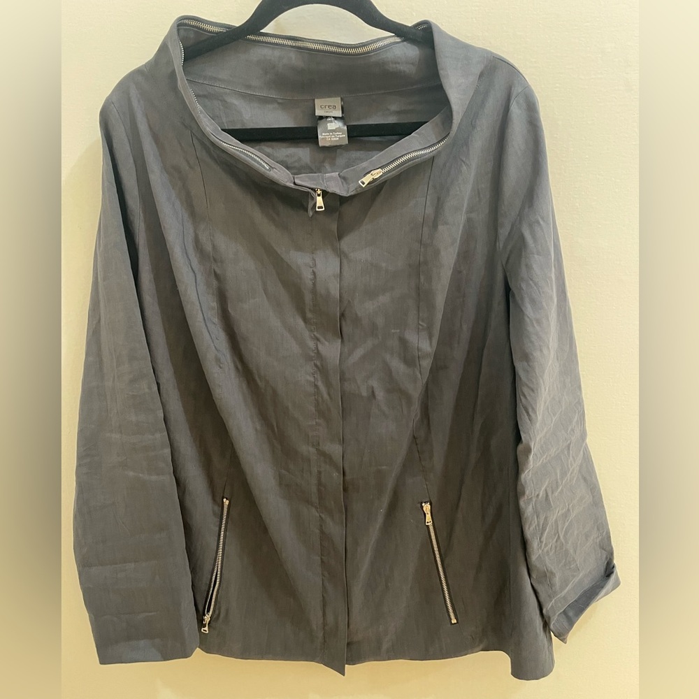 Crea Womens Gray Zip-Front Linen blend Lightweight Jacket gray